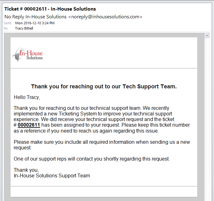 In-House Solutions new Tech Support Ticketing System Email